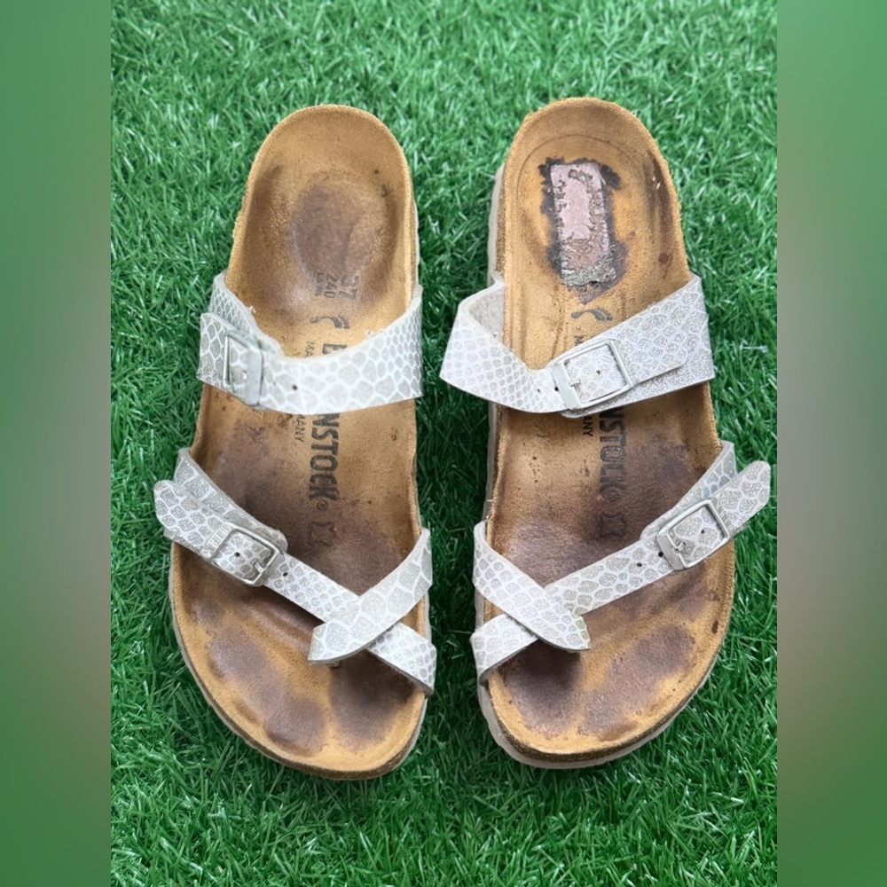 Birkenstock White Snake-Print Two-Strap Sandals